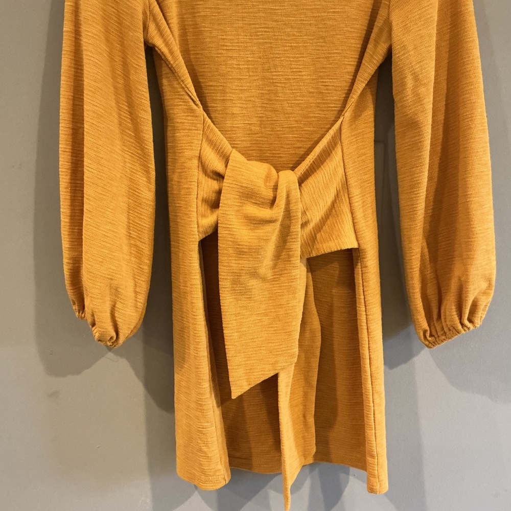 R. Vivimos Womens S Dress Mustard Yellow Tie Front Balloon Sleeves Textured Knit - Picture 3 of 9